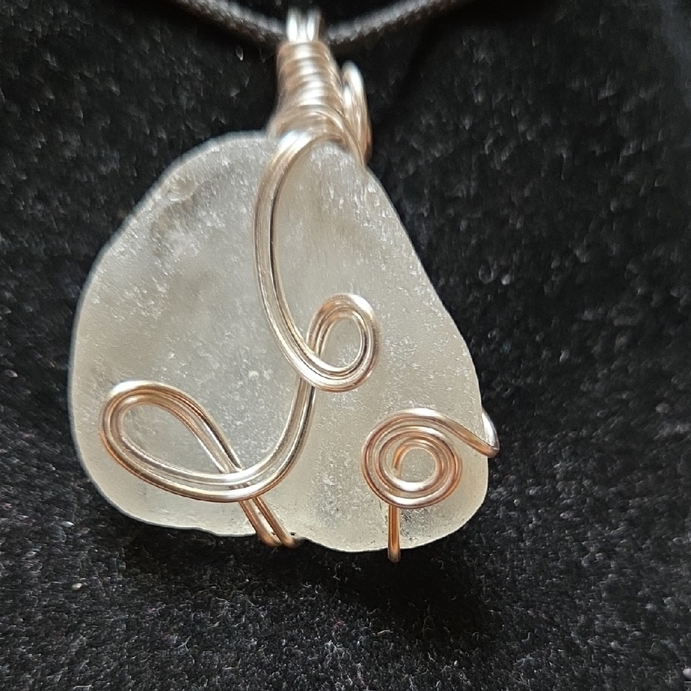Sea Glass Pendant Necklace in Clear with Silver Wire Wrap